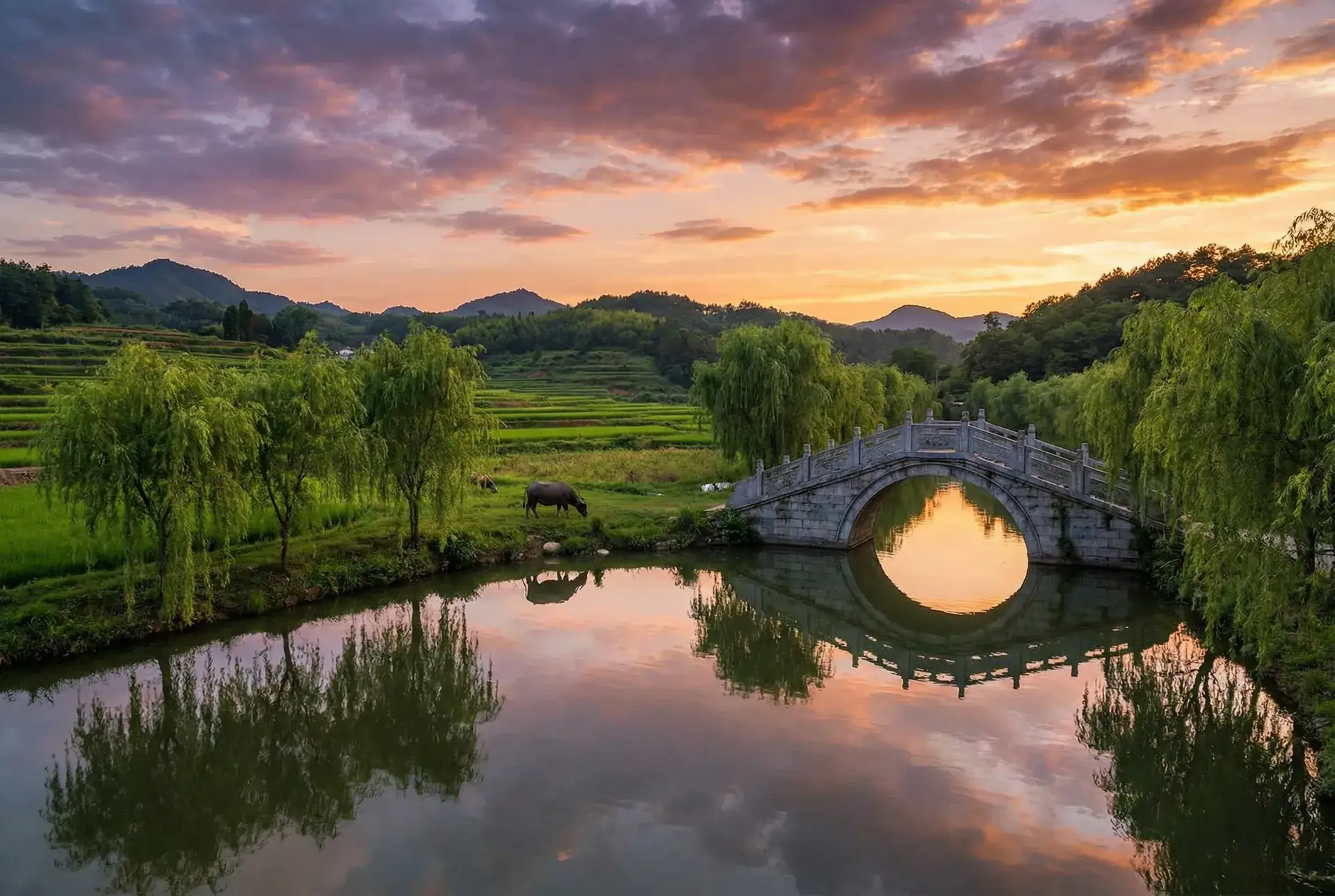 夕阳下的石拱桥与垂柳，水牛在河边吃草 - 龙皇艳帝txt下载 乡村美景